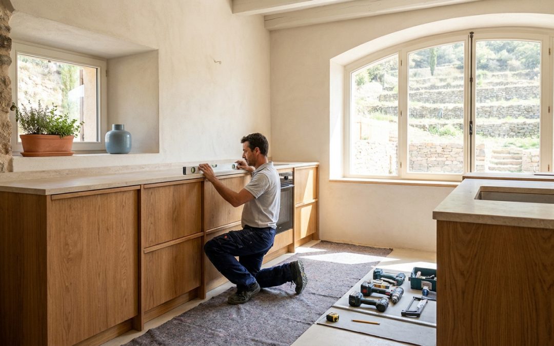 Artisan installant une cuisine moderne en bois clair, vérifiant le niveau d'un meuble bas. Outils sur un tapis de protection au sol.